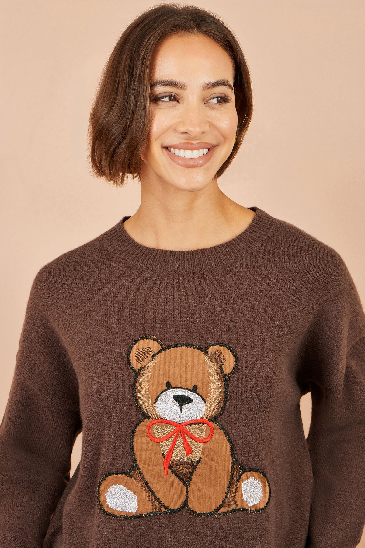 Yumi Brown Teddy Bear Relaxed Jumper Knit Jumper Yumi
