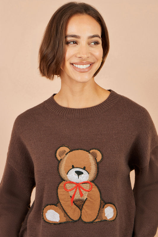Yumi Brown Teddy Bear Relaxed Jumper Knit Jumper Yumi