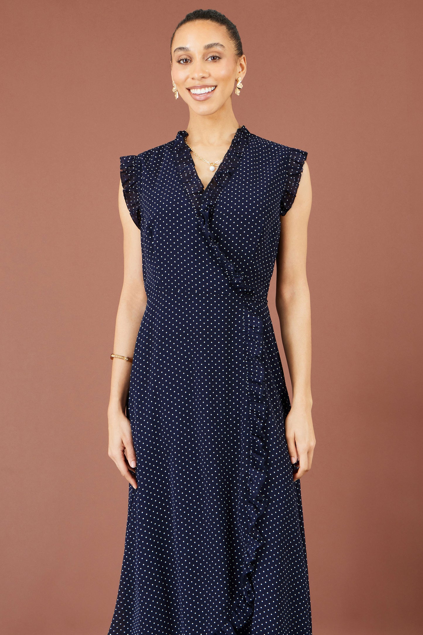 Yumi Navy Polka Dot Midi Wrap Frill Dress Dress Casual Yumi