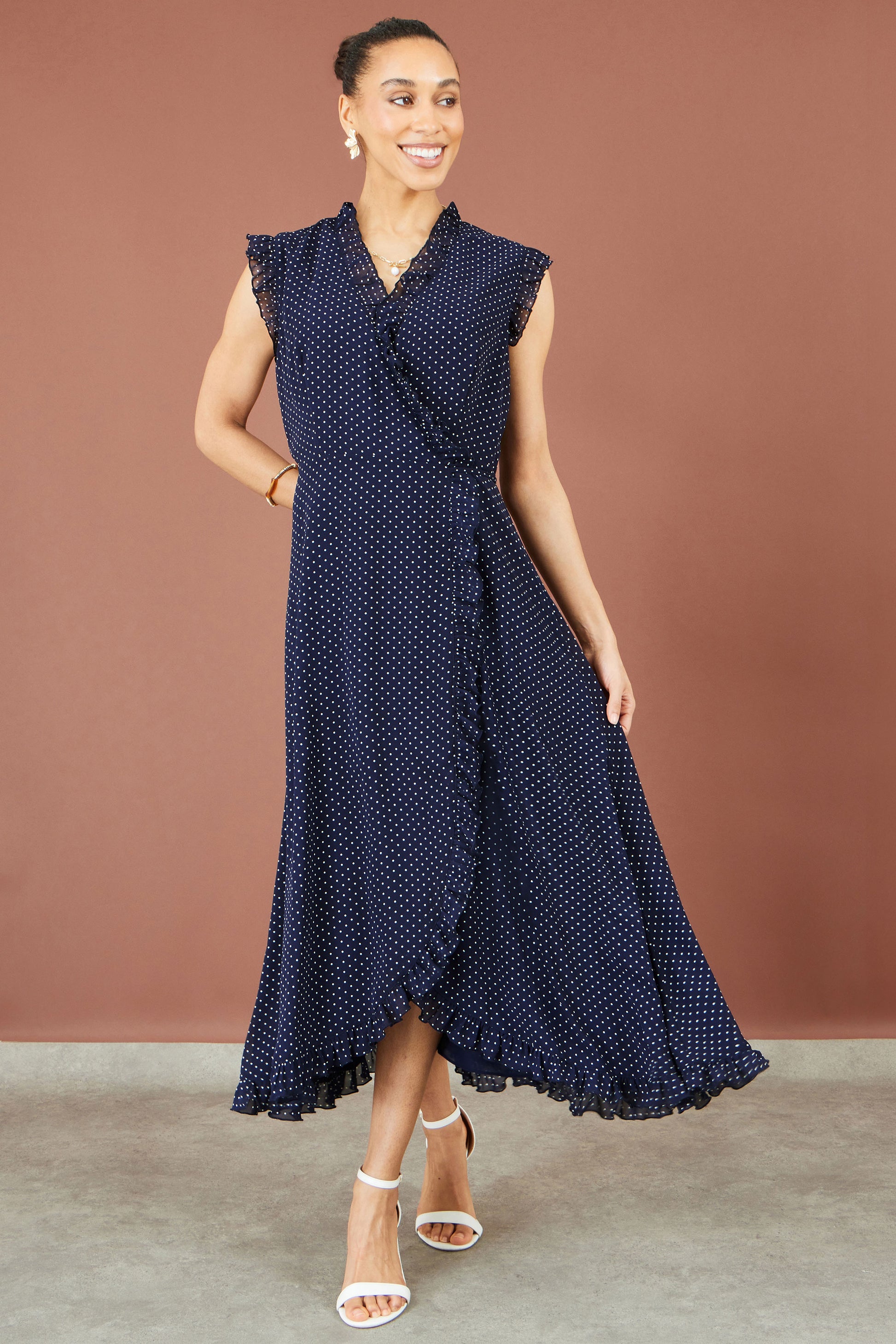 Yumi Navy Polka Dot Midi Wrap Frill Dress Dress Casual Yumi
