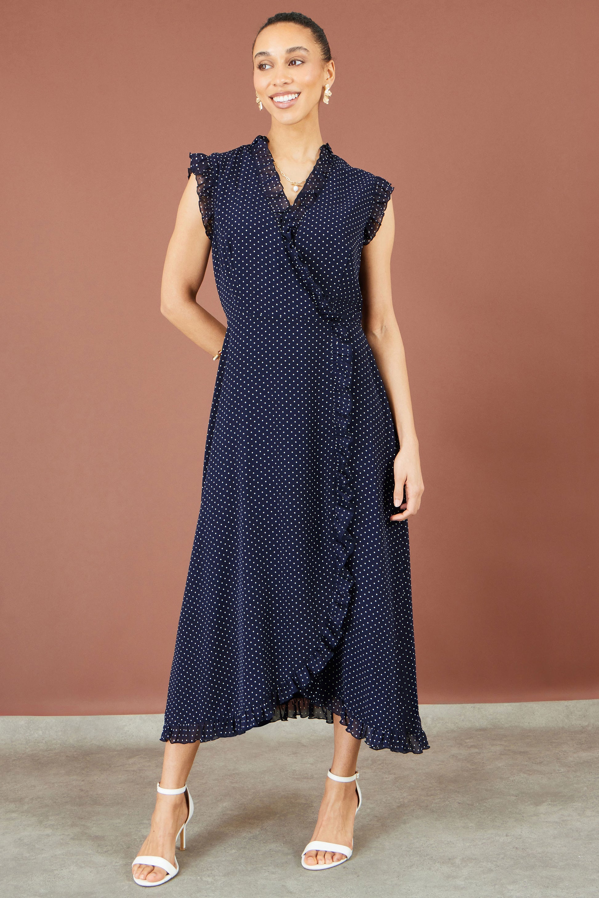 Yumi Navy Polka Dot Midi Wrap Frill Dress Dress Casual Yumi