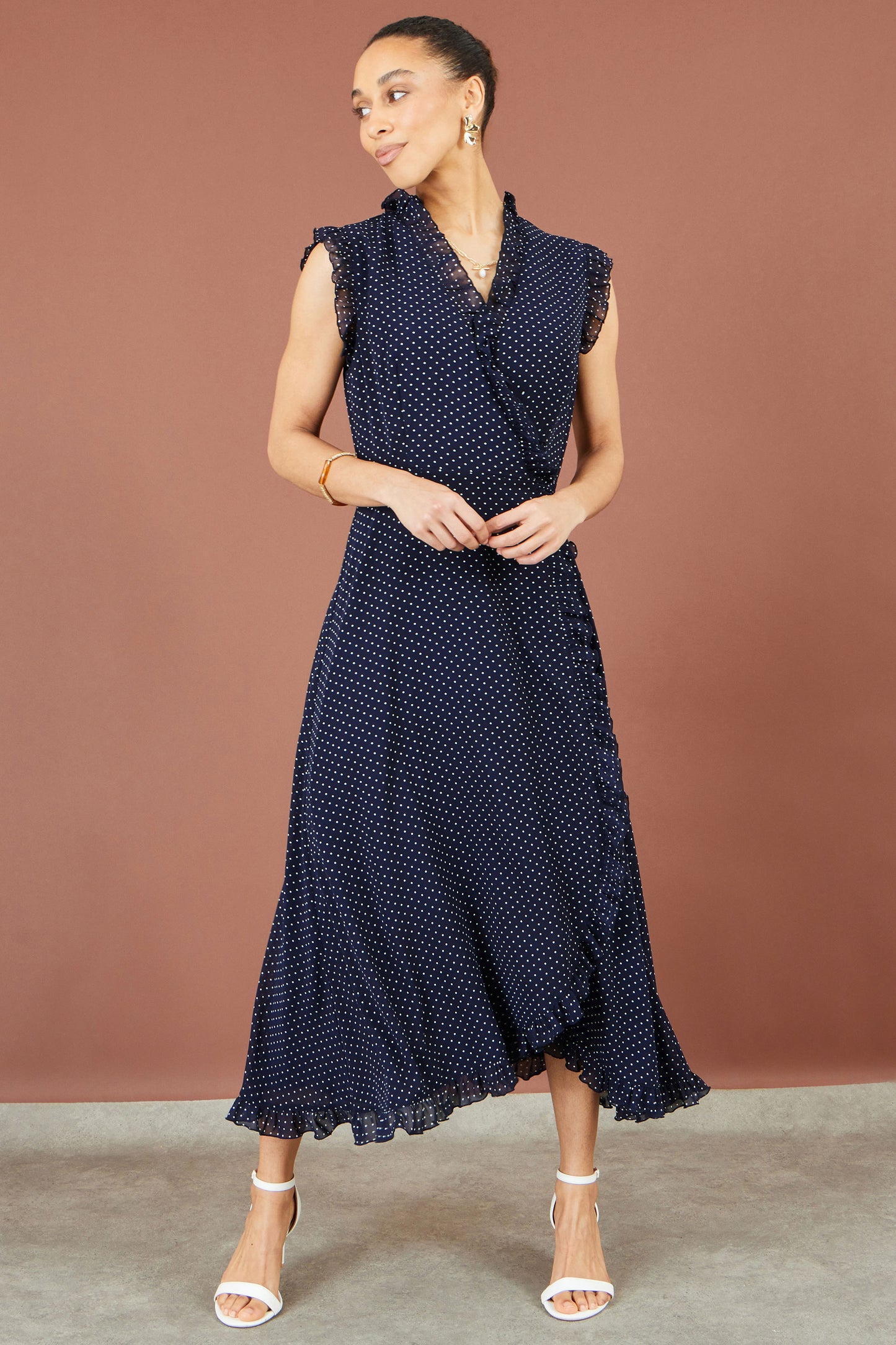 Yumi Navy Polka Dot Midi Wrap Frill Dress Dress Casual Yumi