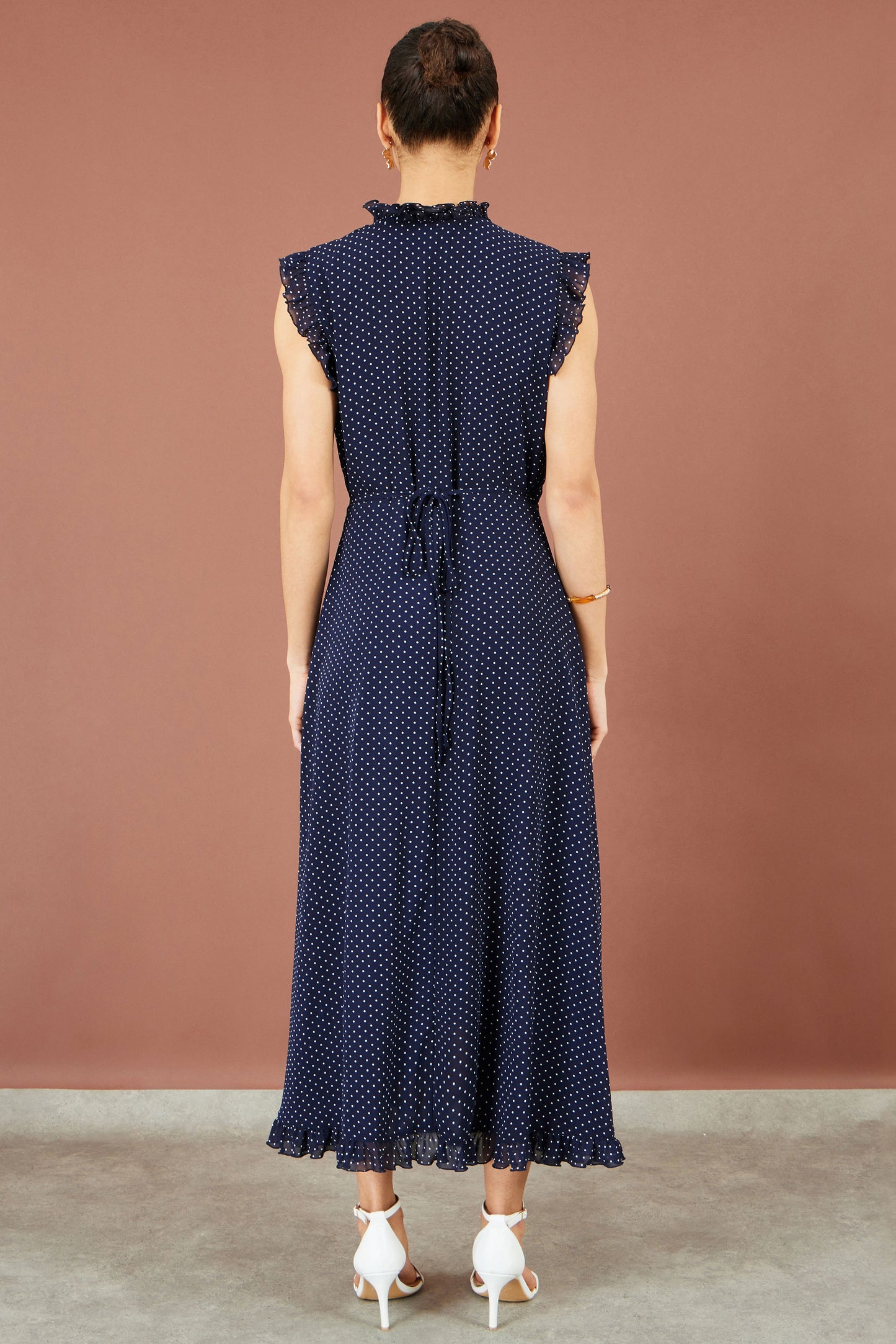Yumi Navy Polka Dot Midi Wrap Frill Dress Dress Casual Yumi