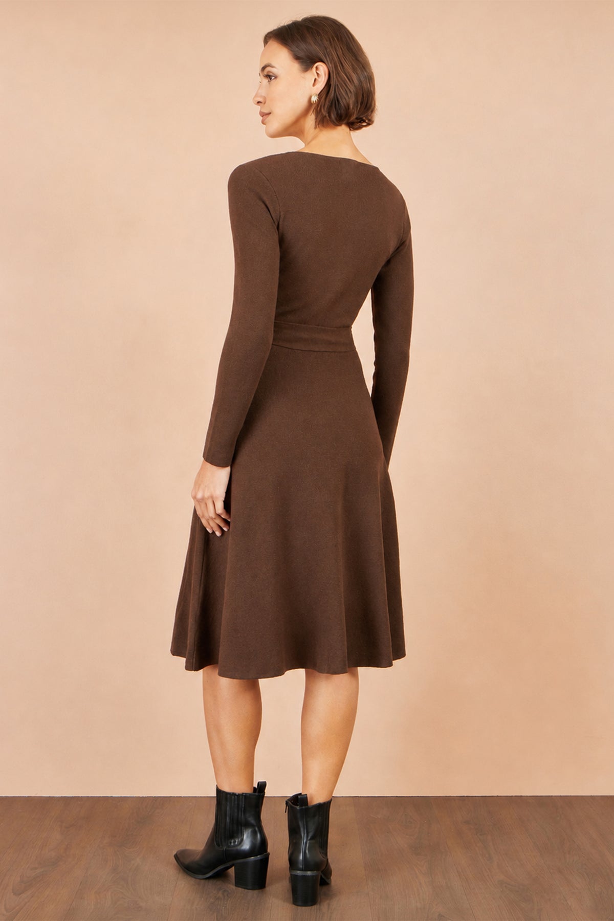 Yumi Brown Knitted Skater Dress With Buckle Detail Knit Dress Yumi
