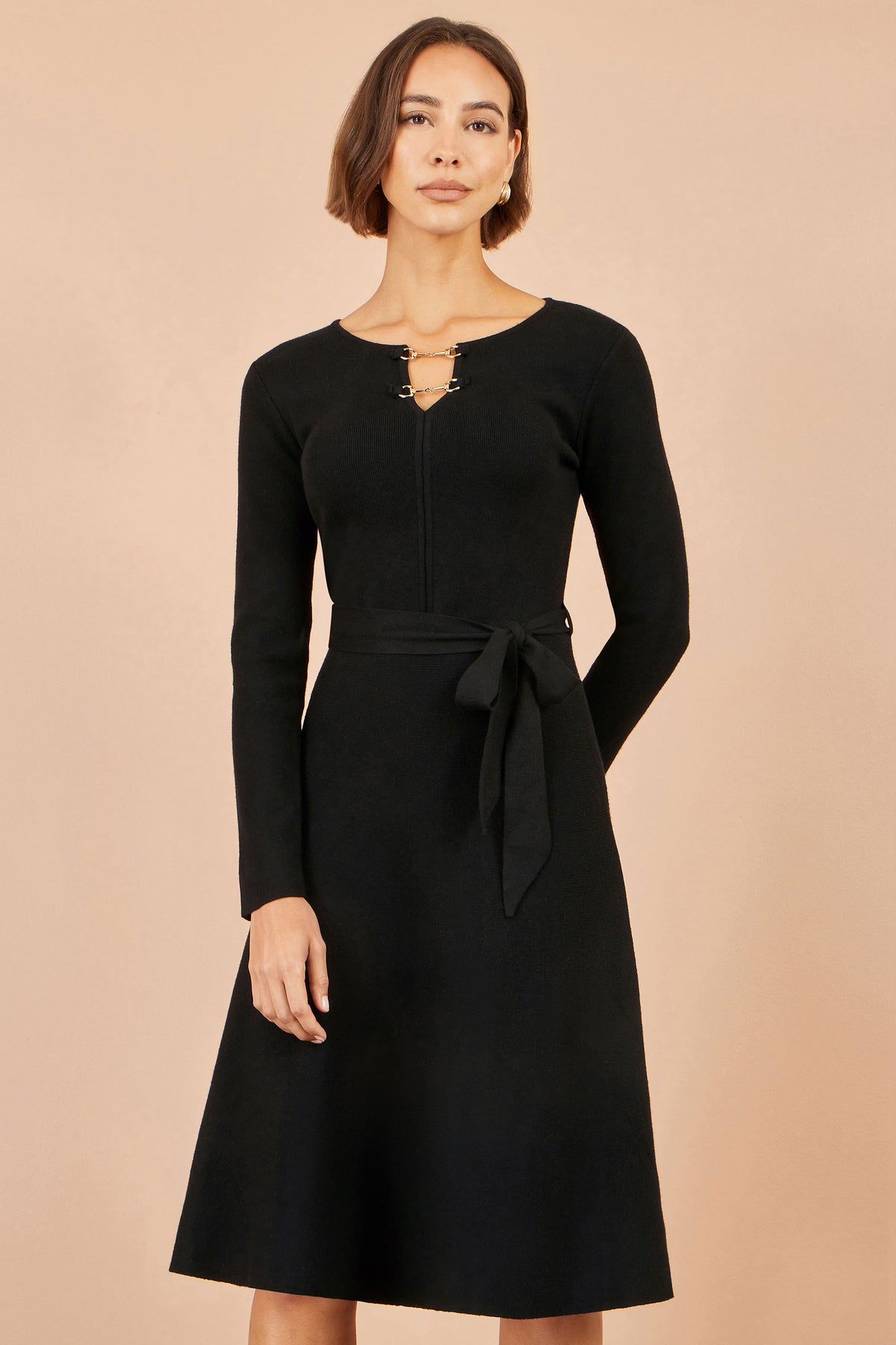 Yumi Black Knitted Skater Dress With Buckle Detail Knit Dress Yumi