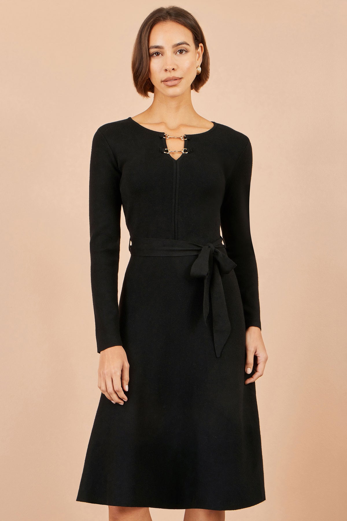 Yumi Black Knitted Skater Dress With Buckle Detail Knit Dress Yumi