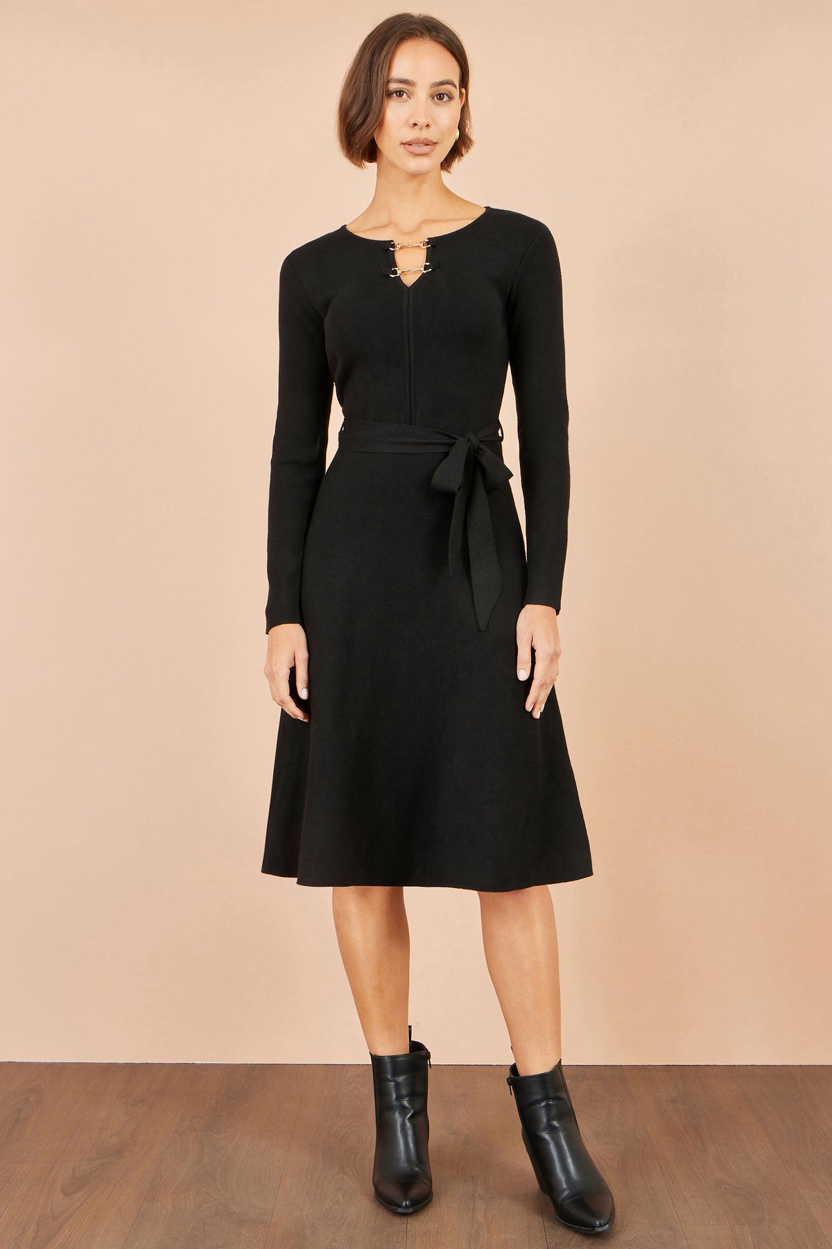 Yumi Black Knitted Skater Dress With Buckle Detail Knit Dress Yumi