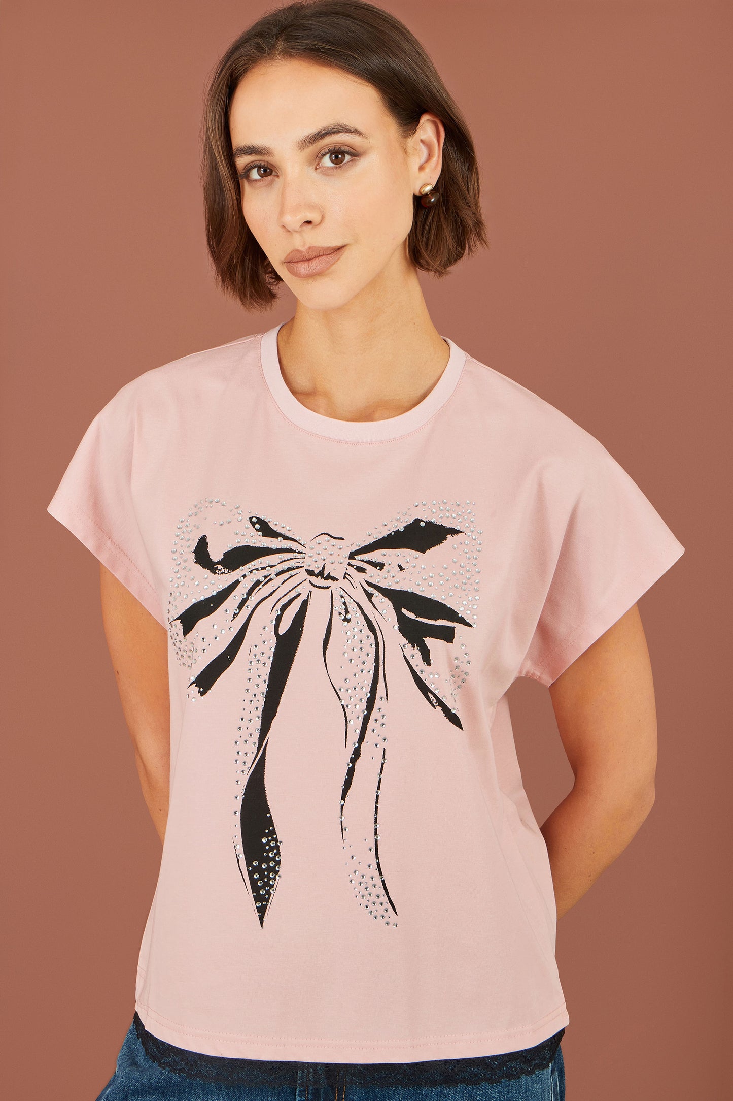 Yumi Pink Bow T-Shirt With Lace Tops Yumi