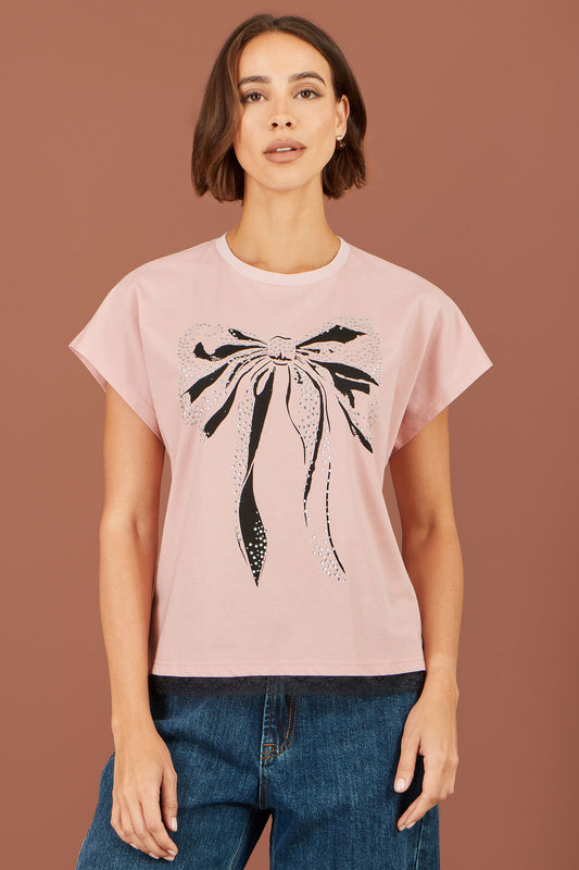 Yumi Pink Bow T-Shirt With Lace Tops Yumi