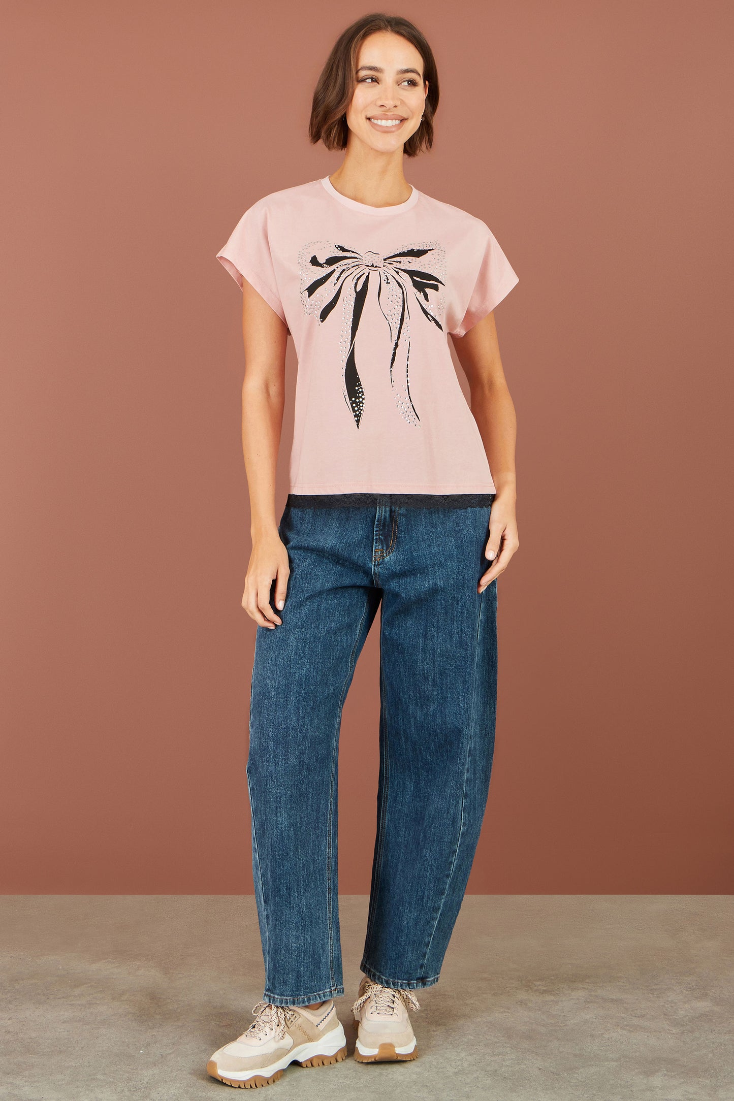 Yumi Pink Bow T-Shirt With Lace Tops Yumi