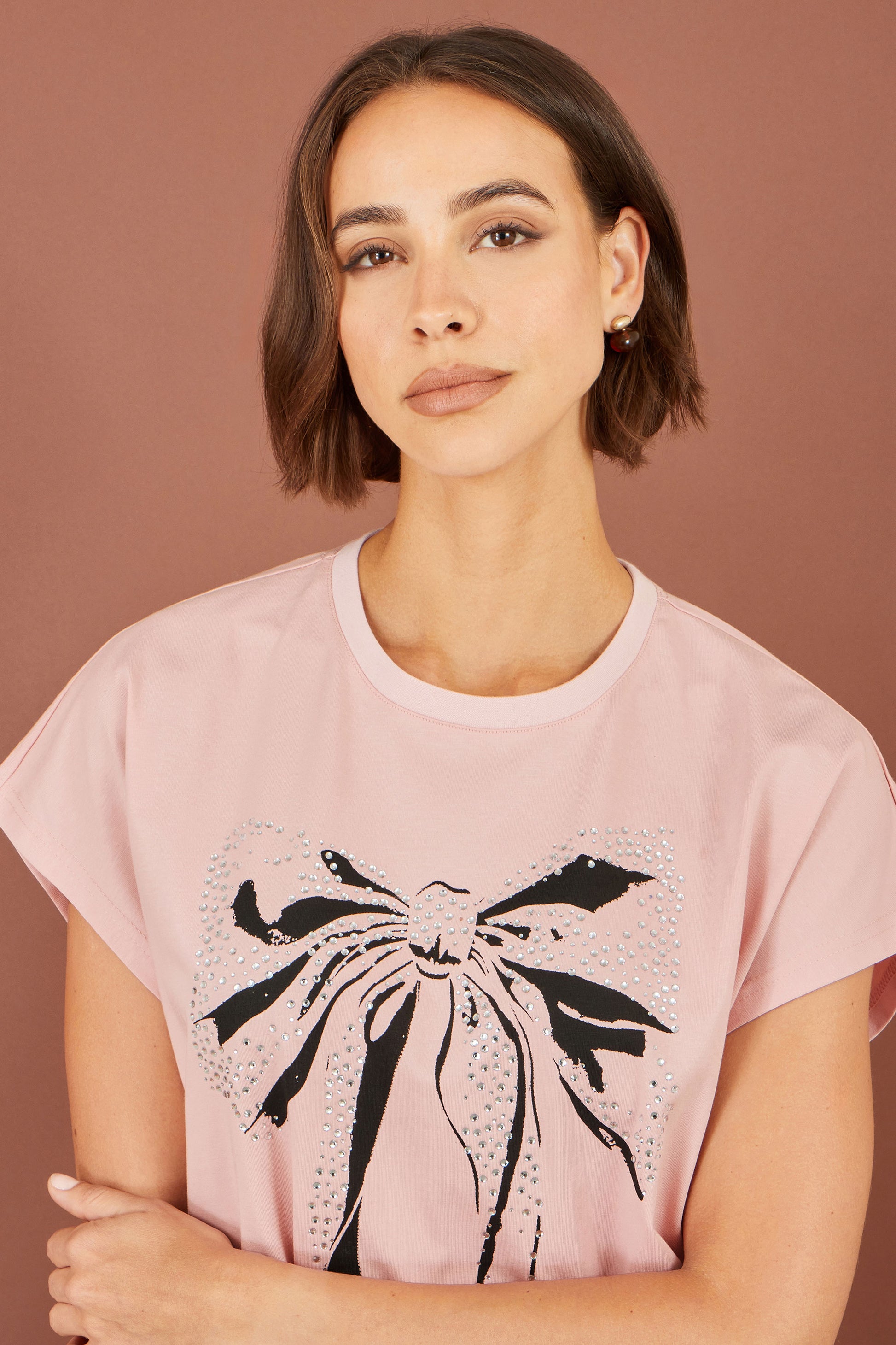 Yumi Pink Bow T-Shirt With Lace Tops Yumi