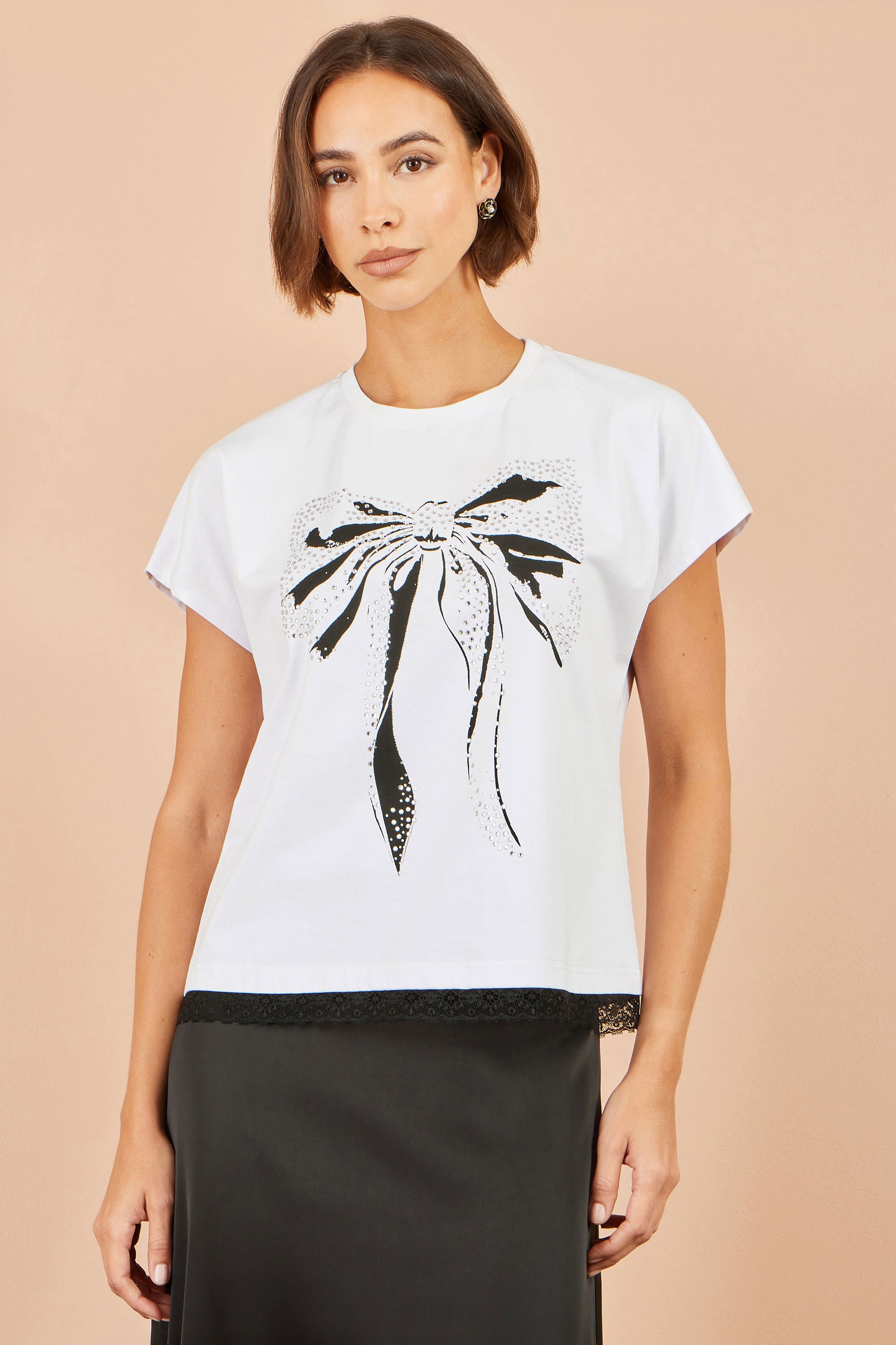 Yumi White Bow T-Shirt With Lace Tops Yumi