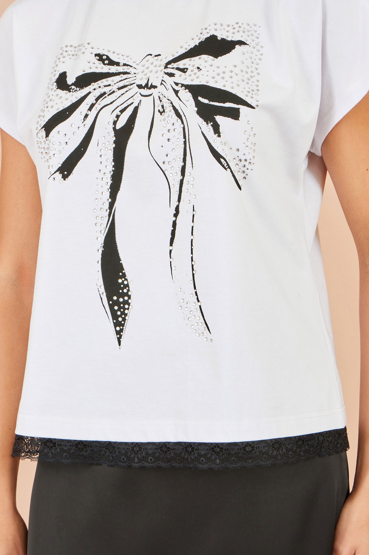 Yumi White Bow T-Shirt With Lace Tops Yumi