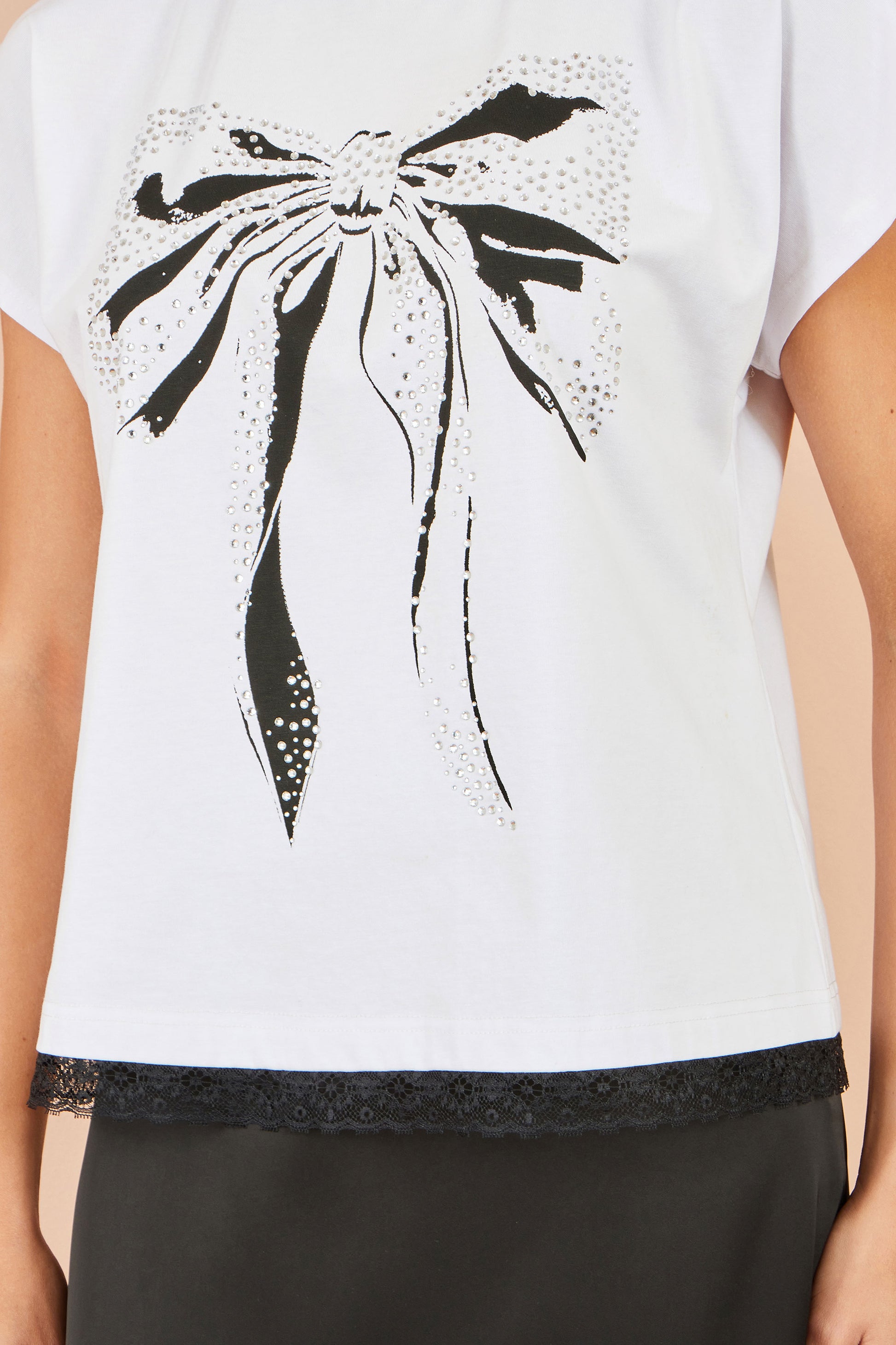 Yumi White Bow T-Shirt With Lace Tops Yumi