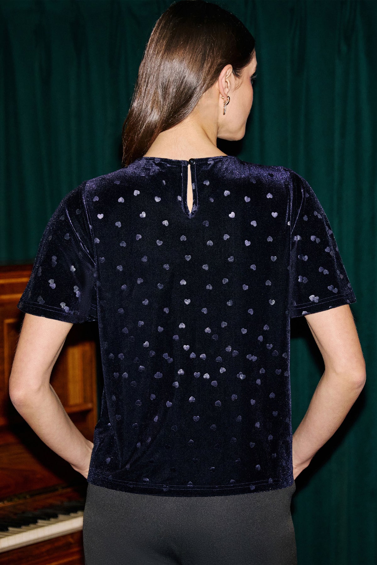 Yumi Navy Velvet Heart Top With Bow Detail Tops Yumi