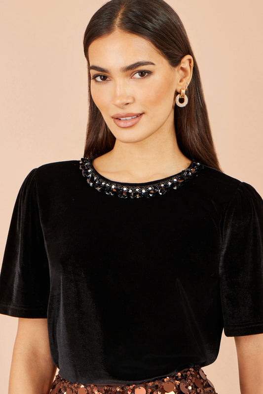 Yumi Black Velvet Embellished Neck Top Tops Yumi