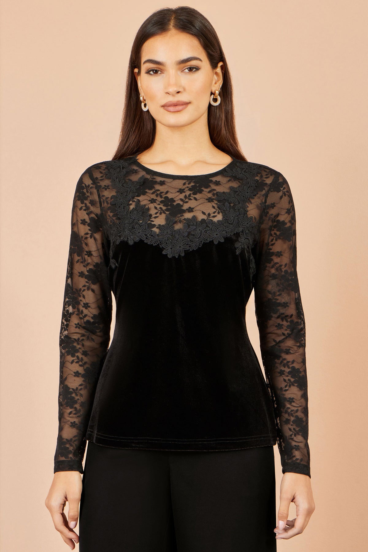Yumi Black Lace Applique Long Sleeve Top Tops Yumi
