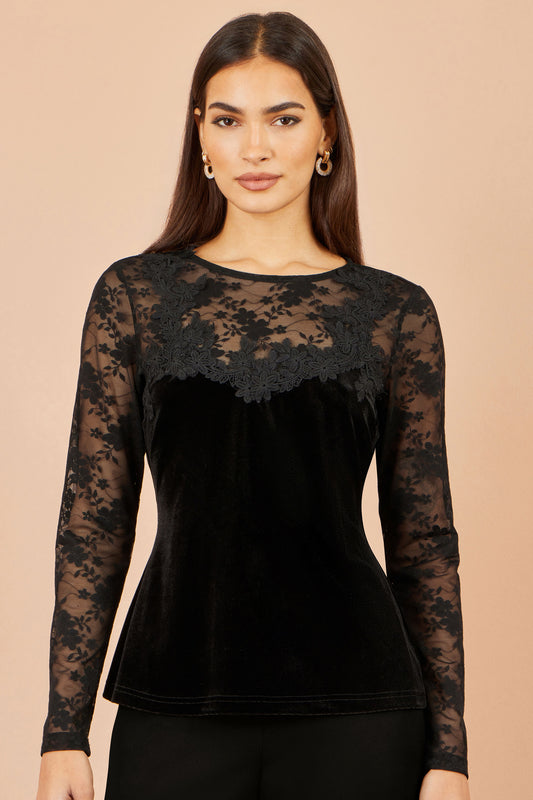 Yumi Black Lace Applique Long Sleeve Top Tops Yumi