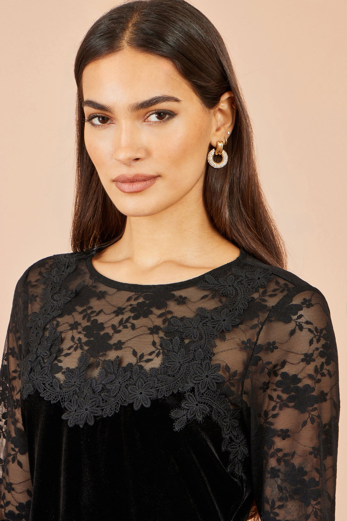 Yumi Black Lace Applique Long Sleeve Top Tops Yumi