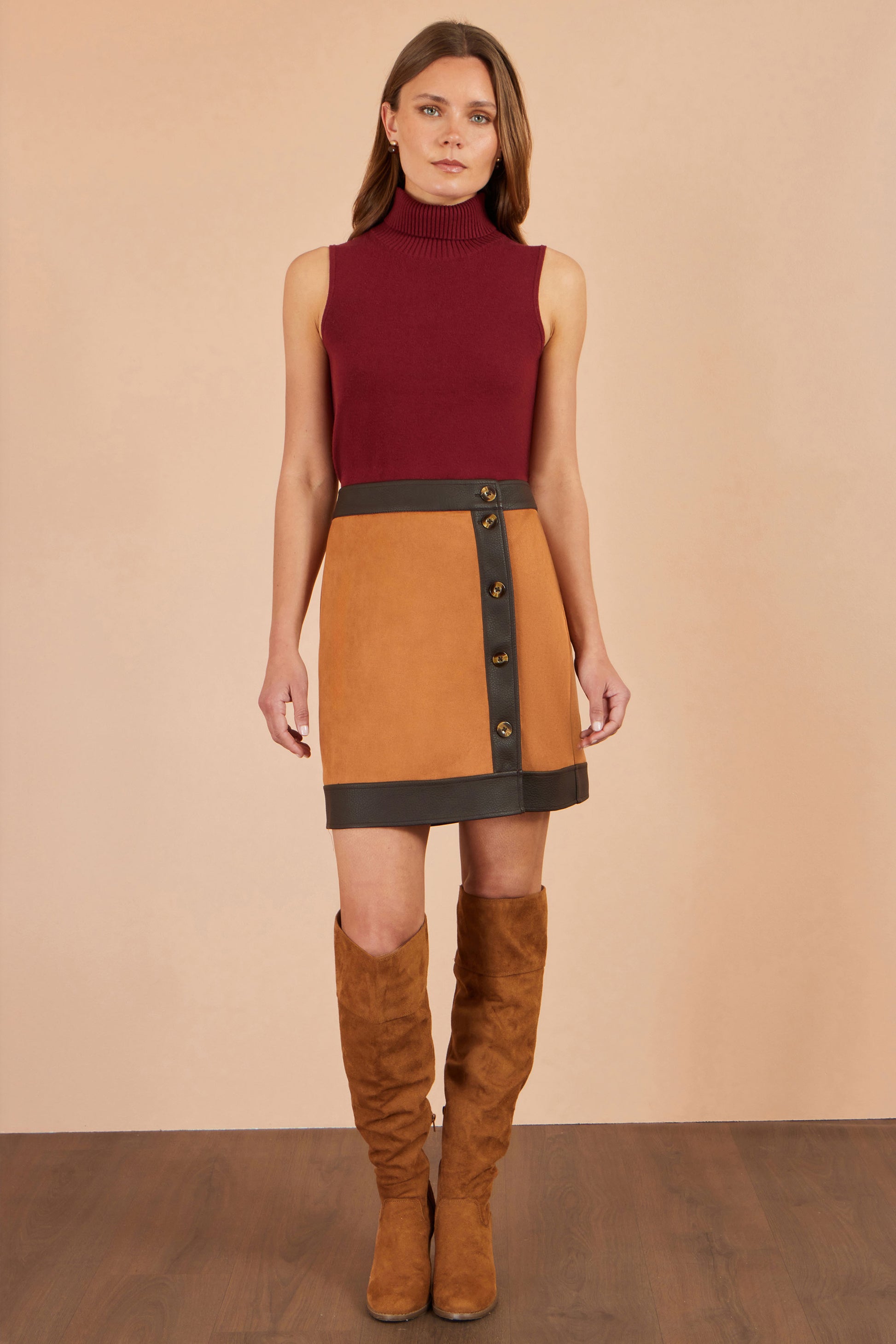 Yumi Brown Faux Suede Border Skirt Skirts Yumi