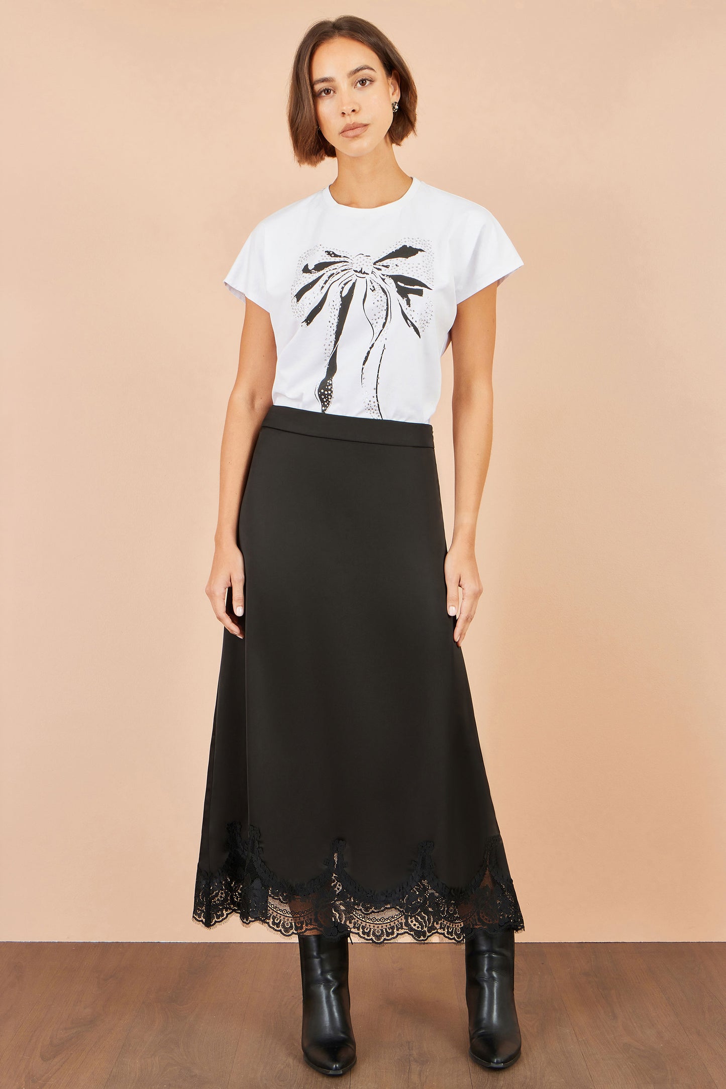 Yumi Black Satin Midi Skirt With Lace Trims Skirts Yumi
