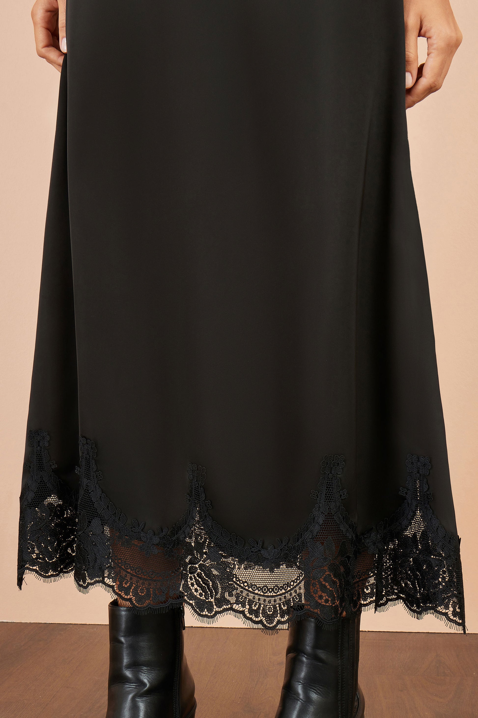 Yumi Black Satin Midi Skirt With Lace Trims Skirts Yumi