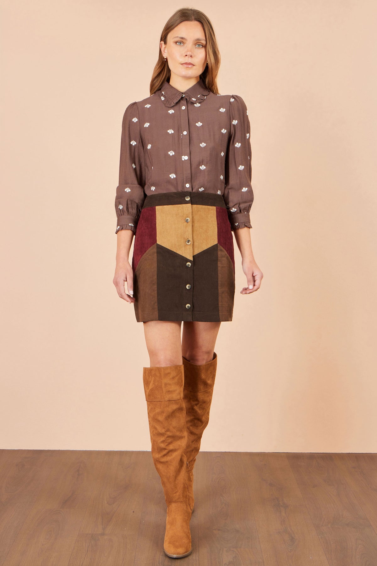 Yumi Multicolour Patchwork Cord Mini Skirt Skirts Yumi