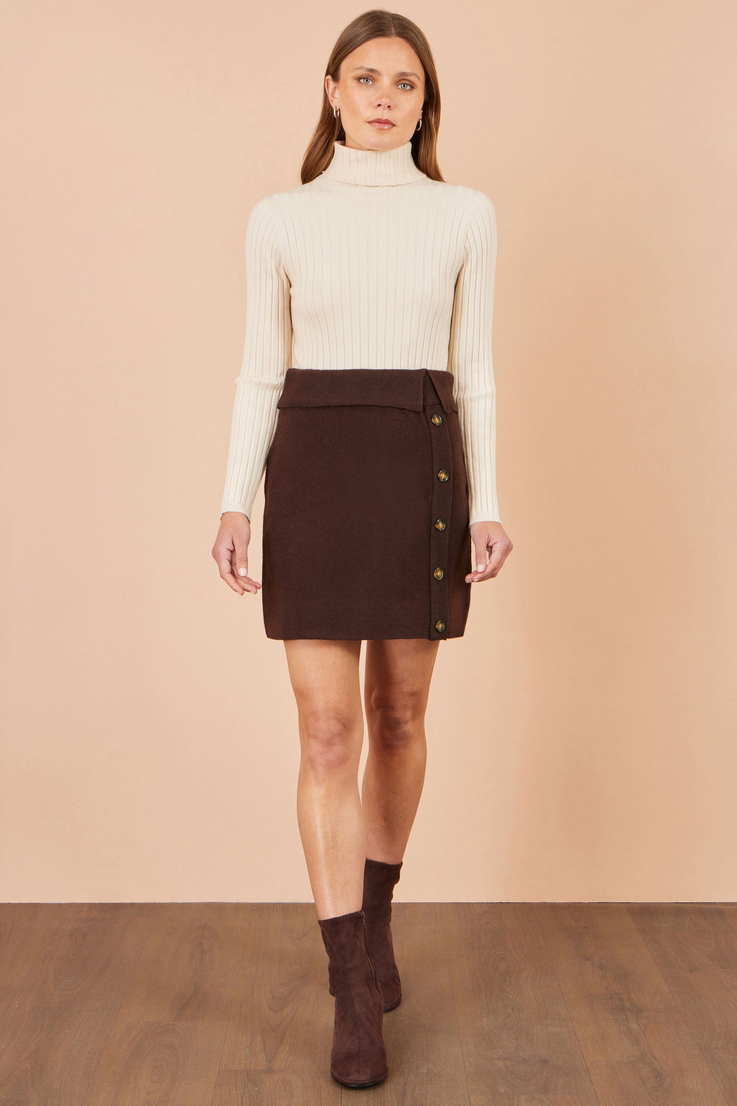 Yumi Brown Knitted Mini Skirt With Buttons Knit Skirt Yumi