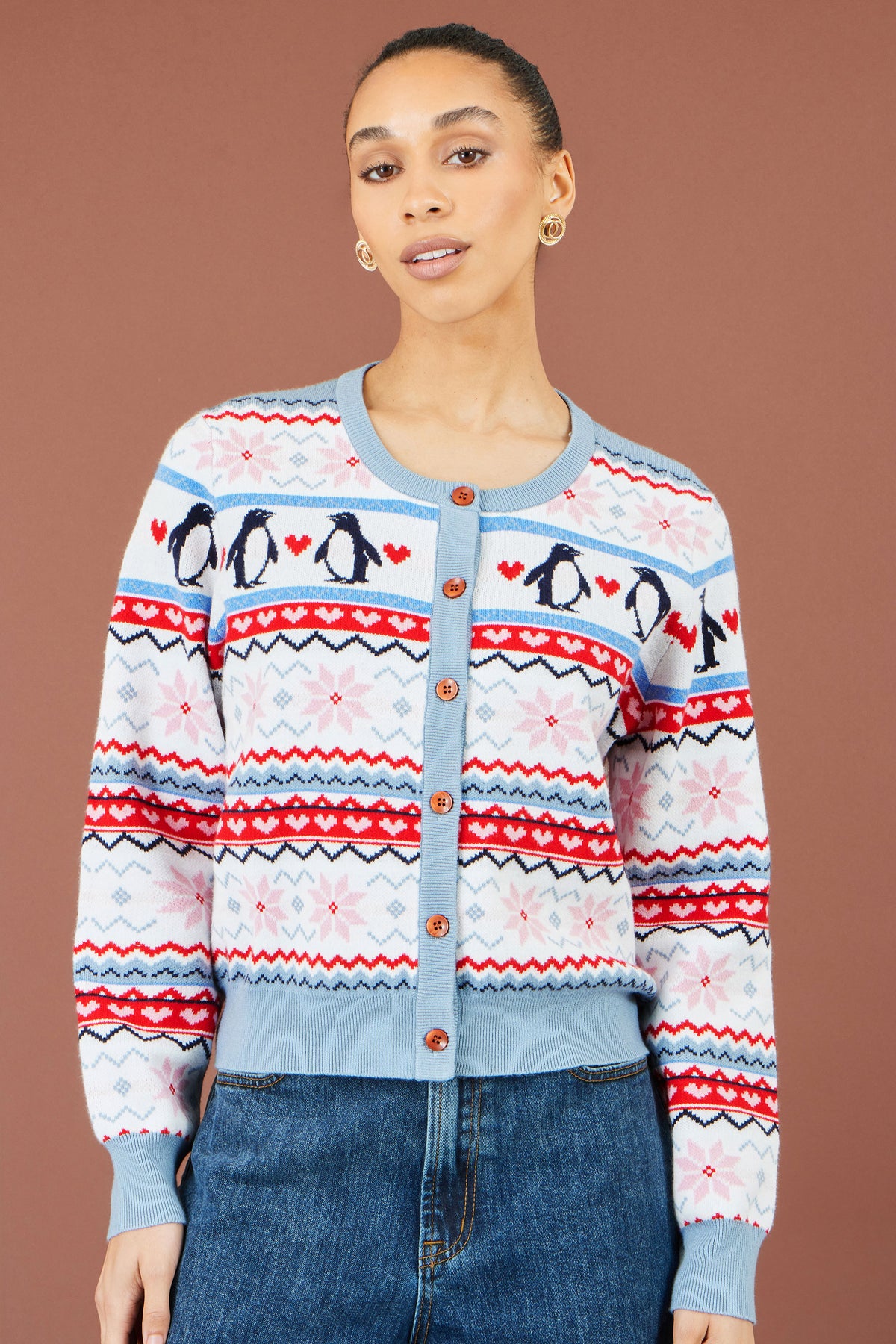 Yumi Red Penguin Fairisle Cardigan Knit Xmas Jumper Yumi