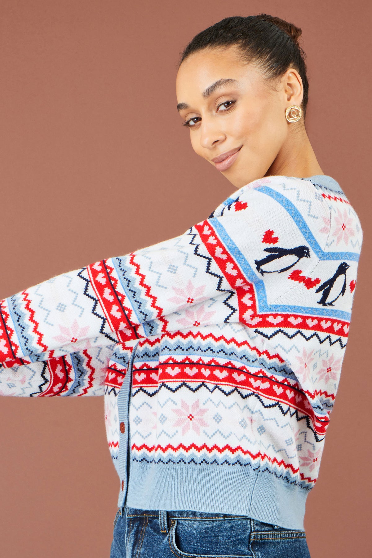 Yumi Red Penguin Fairisle Cardigan Knit Xmas Jumper Yumi