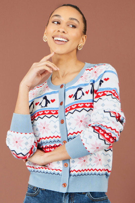 Yumi Red Penguin Fairisle Cardigan Knit Xmas Jumper Yumi