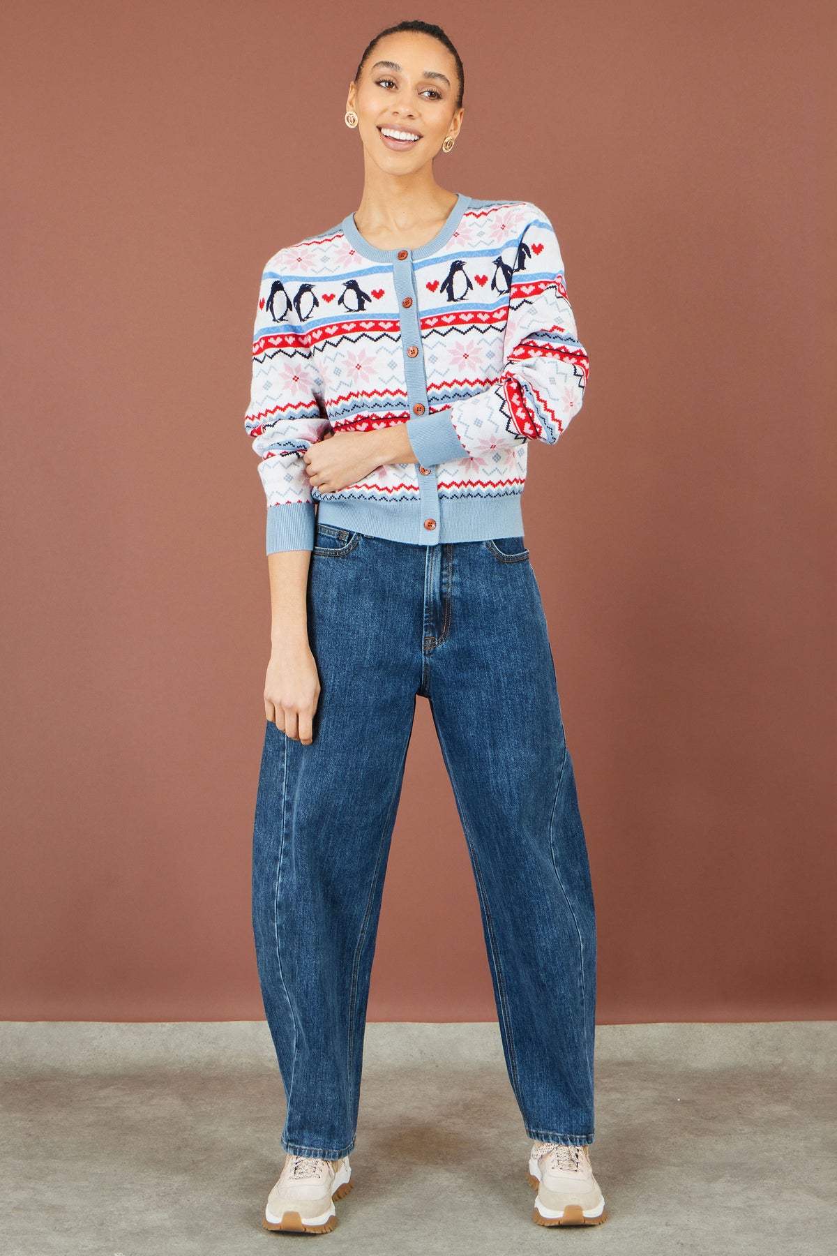 Yumi Red Penguin Fairisle Cardigan Knit Xmas Jumper Yumi