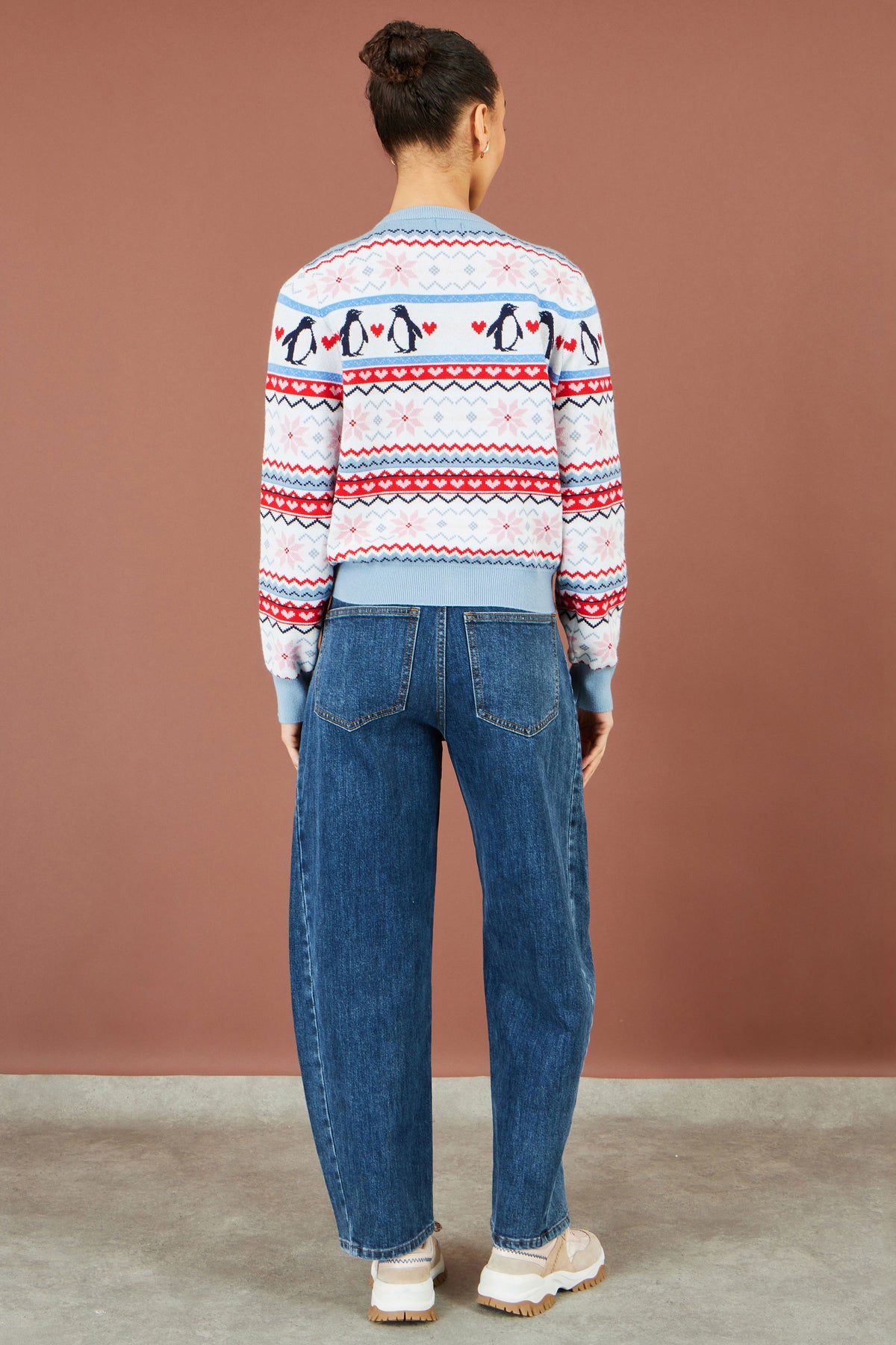 Yumi Red Penguin Fairisle Cardigan Knit Xmas Jumper Yumi