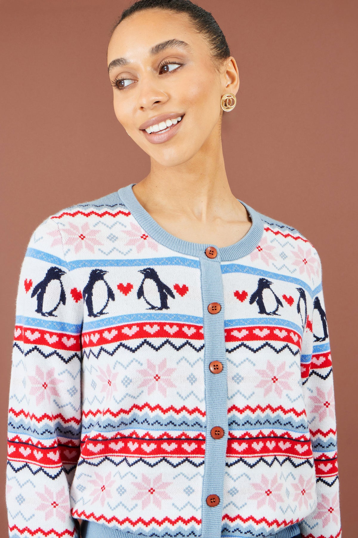 Yumi Red Penguin Fairisle Cardigan Knit Xmas Jumper Yumi
