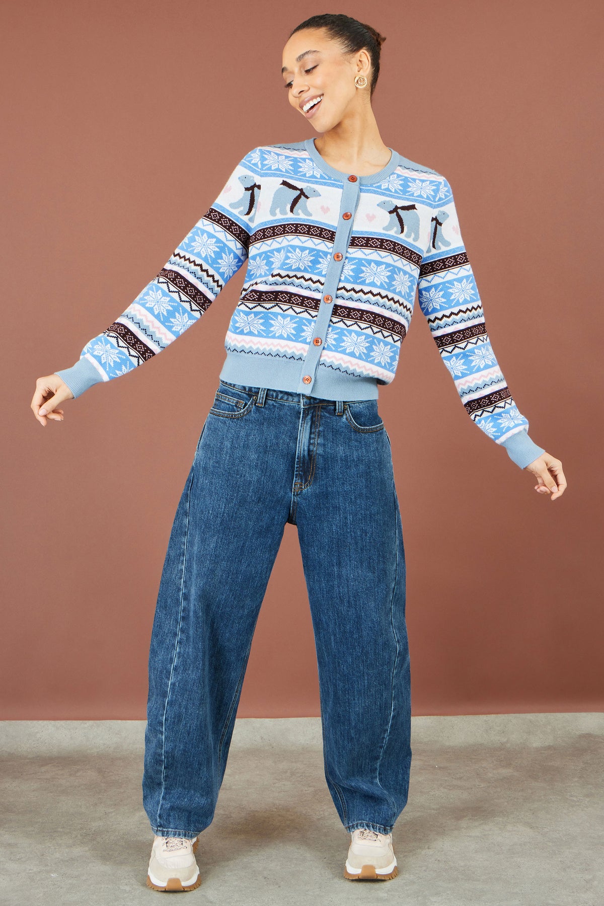 Yumi Blue Polar Bear Fairisle Cardigan Knit Xmas Jumper Yumi