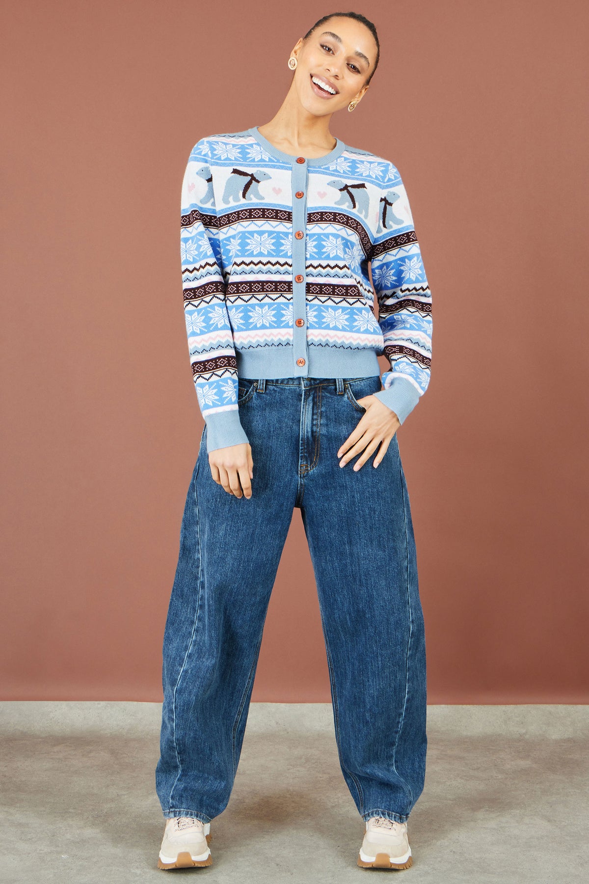 Yumi Blue Polar Bear Fairisle Cardigan Knit Xmas Jumper Yumi