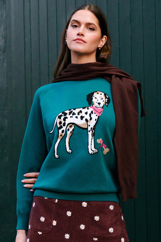Yumi Teal Dalmatian Intarsia Relaxed Jumper Knit Jumper Yumi