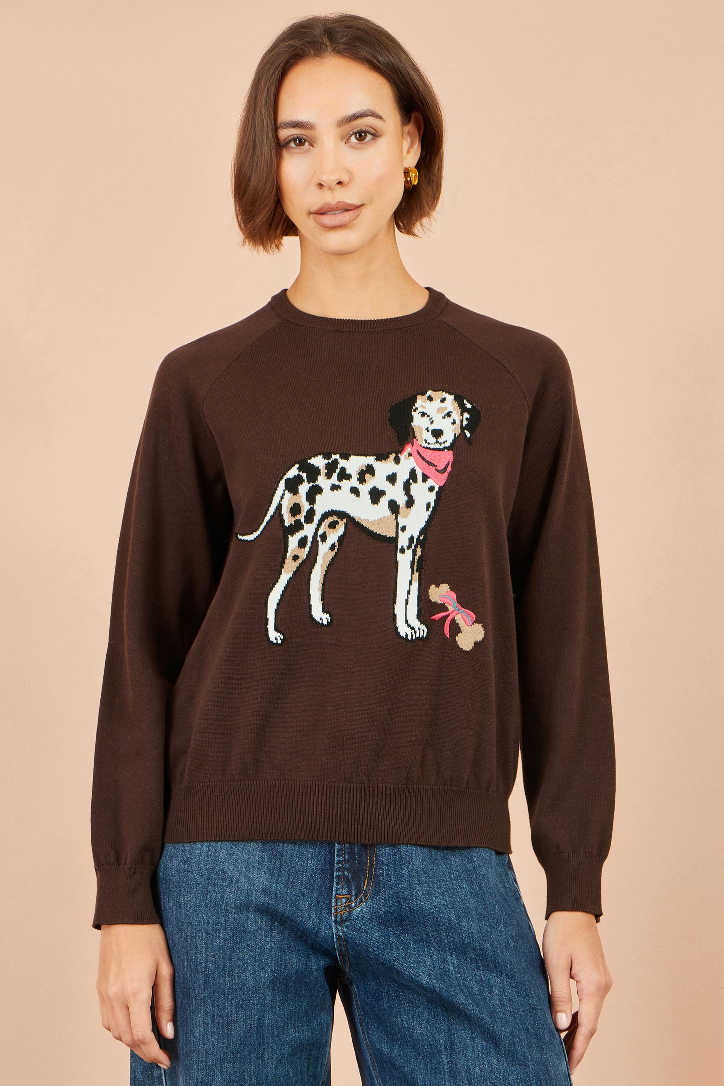 Yumi Brown Dalmatian Intarsia Relaxed Jumper Knit Jumper Yumi