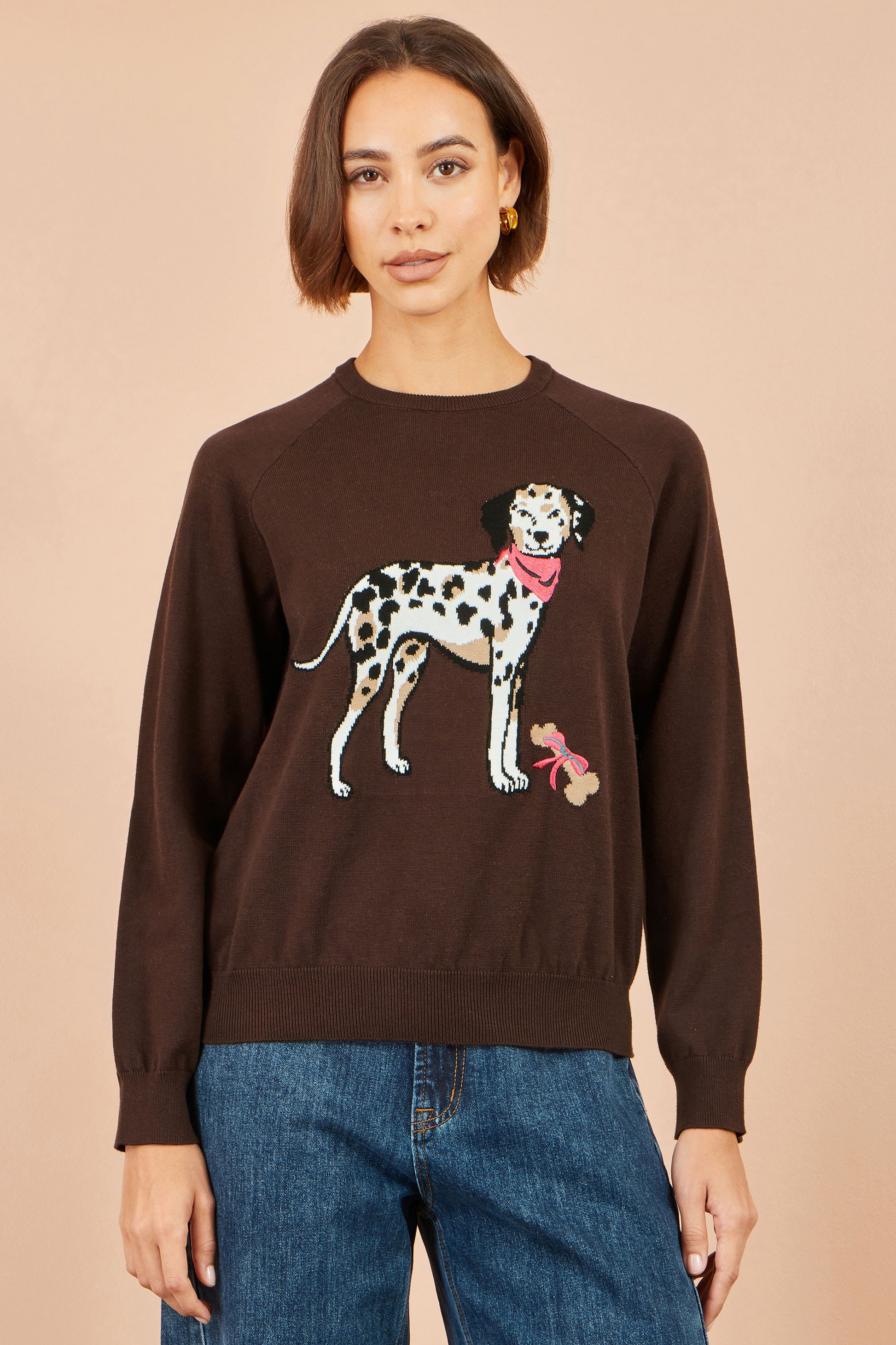 Yumi Brown Dalmatian Intarsia Relaxed Jumper Knit Jumper Yumi