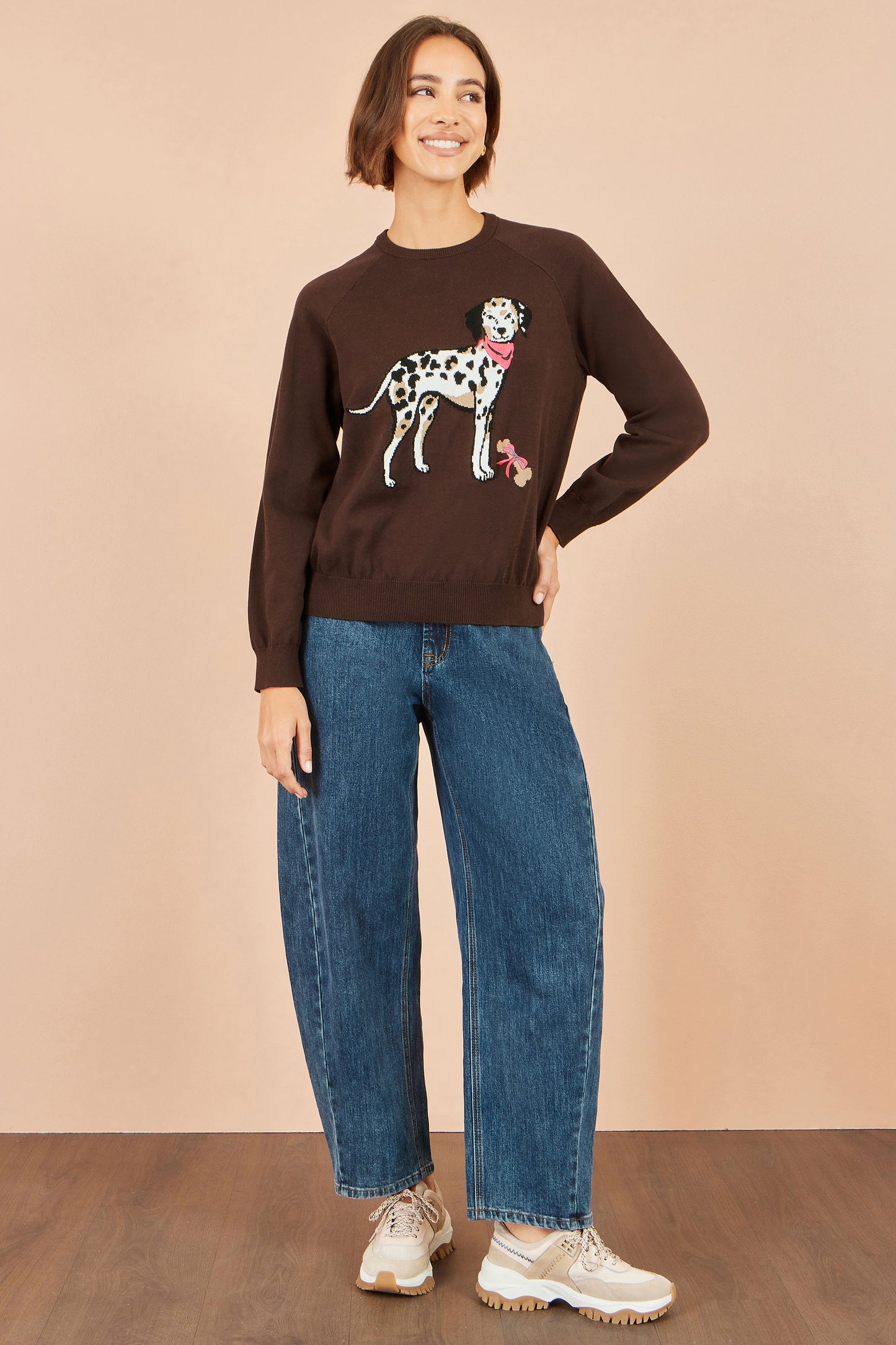 Yumi Brown Dalmatian Intarsia Relaxed Jumper Knit Jumper Yumi