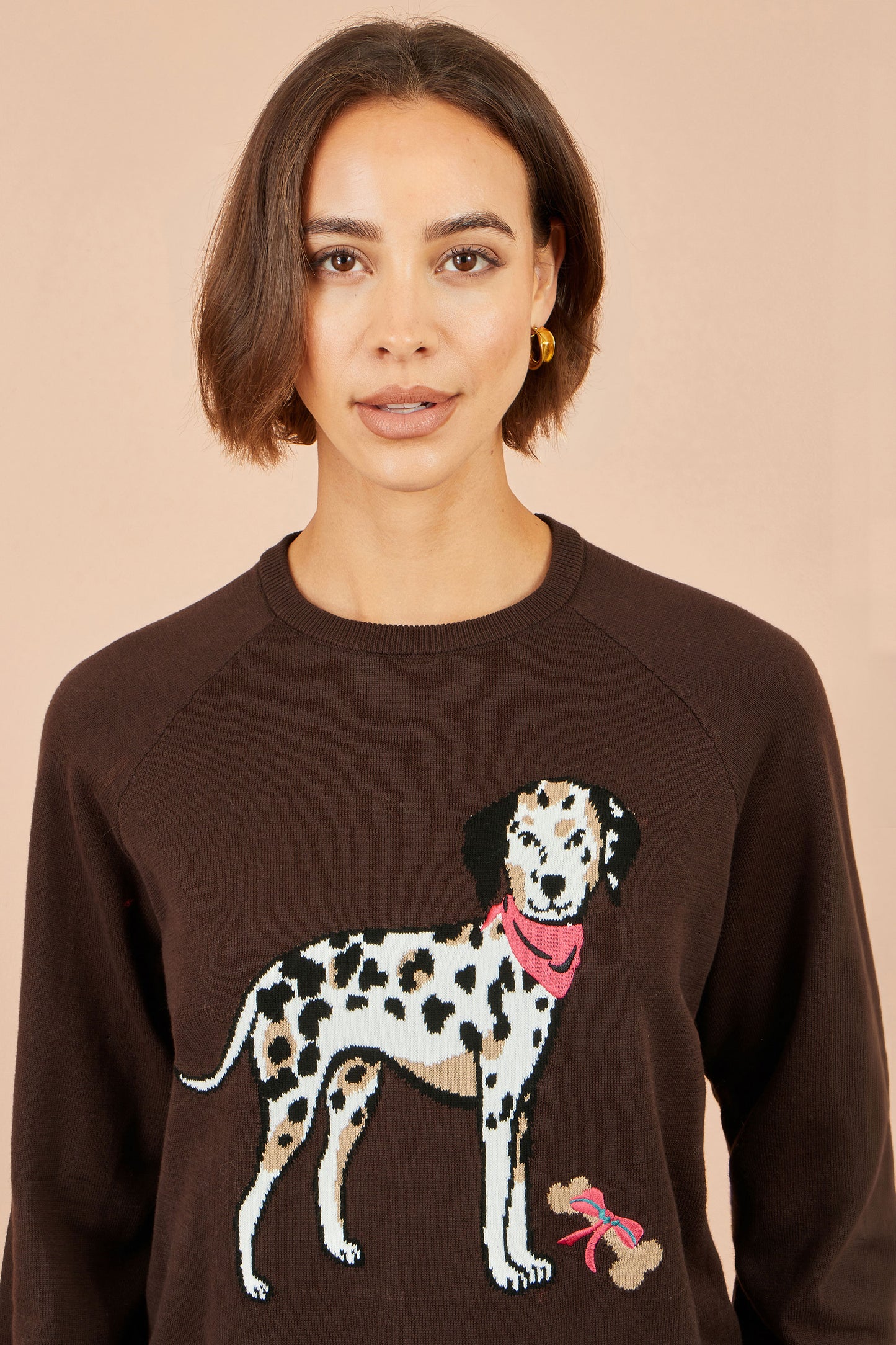 Yumi Brown Dalmatian Intarsia Relaxed Jumper Knit Jumper Yumi