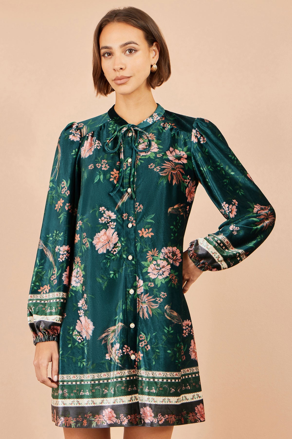 Yumi Green Printed Velvet Tunic Dress Dress Occasion Yumi