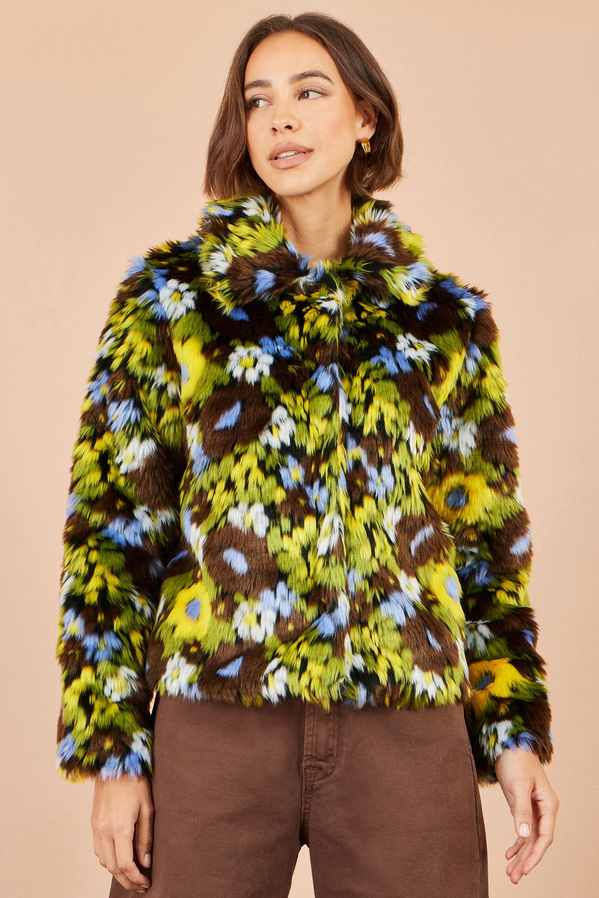 Yumi Multicolour Faux Fur Abstract Print Jacket Outerwear Yumi