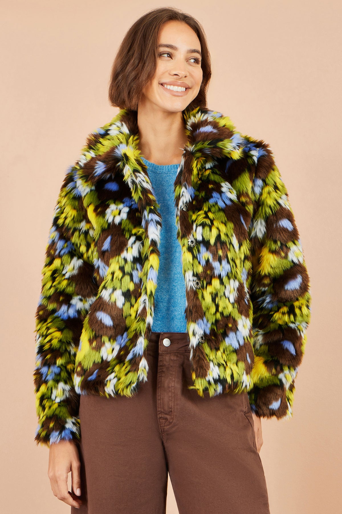Yumi Multicolour Faux Fur Abstract Print Jacket Outerwear Yumi