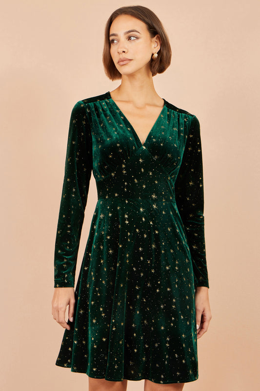 Yumi Green Velvet Skater Dress With Foil Star Print Dress Party Yumi