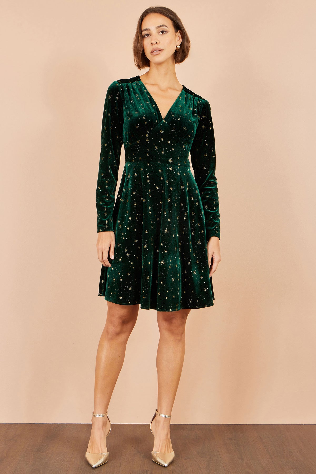 Yumi Green Velvet Skater Dress With Foil Star Print Dress Party Yumi