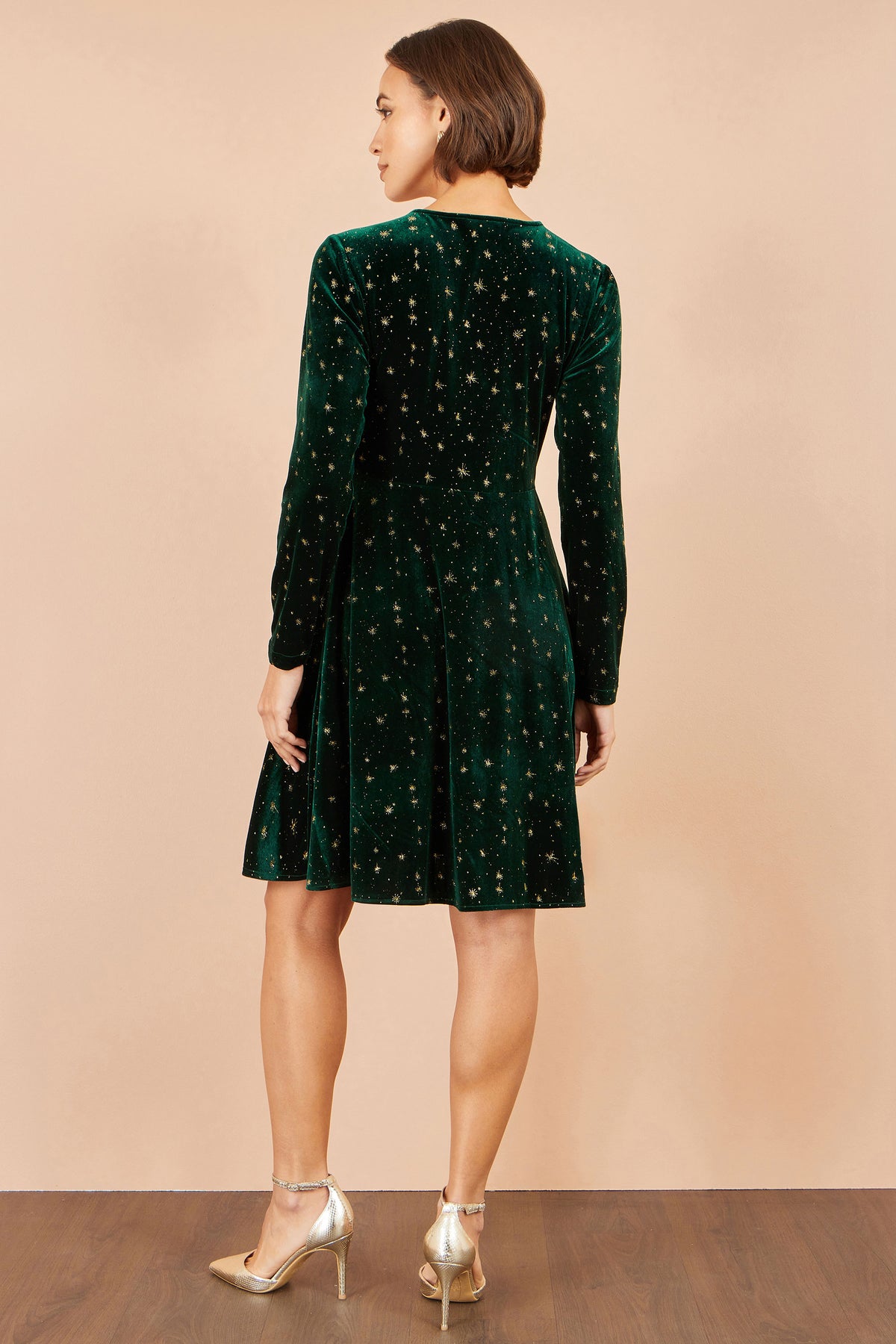 Yumi Green Velvet Skater Dress With Foil Star Print Dress Party Yumi