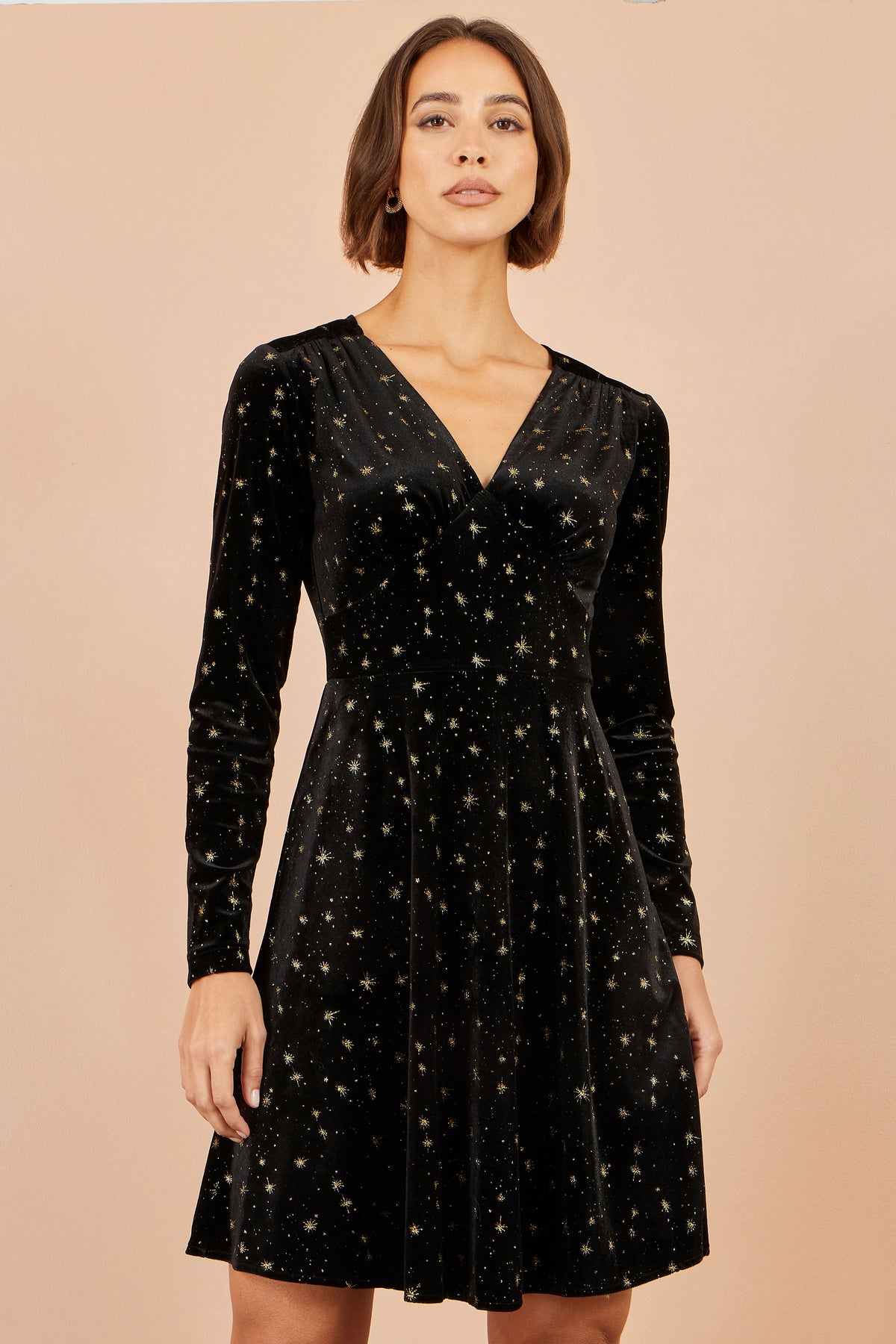 Yumi Black Velvet Skater Dress With Foil Star Print Dress Party Yumi