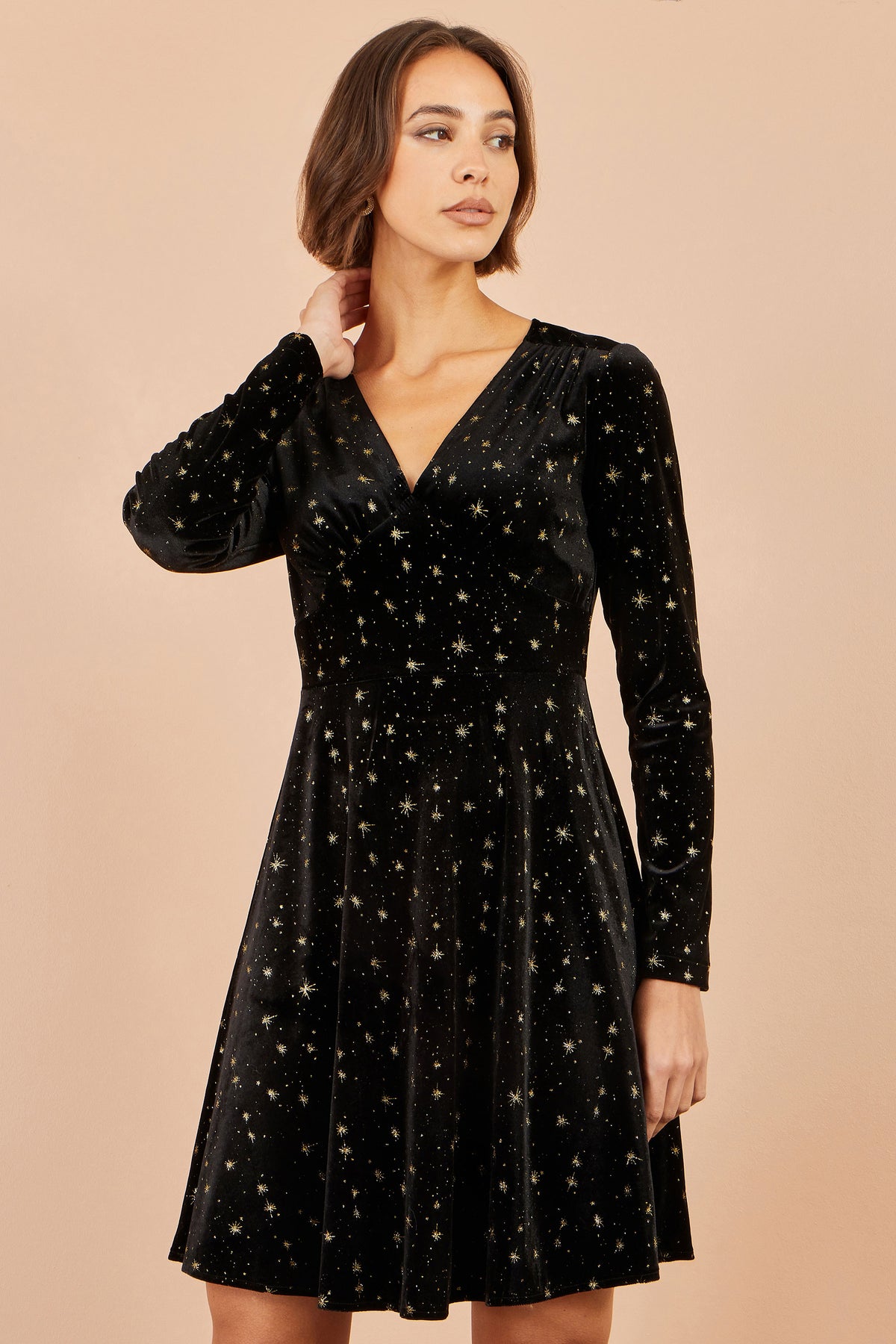 Yumi Black Velvet Skater Dress With Foil Star Print Dress Party Yumi