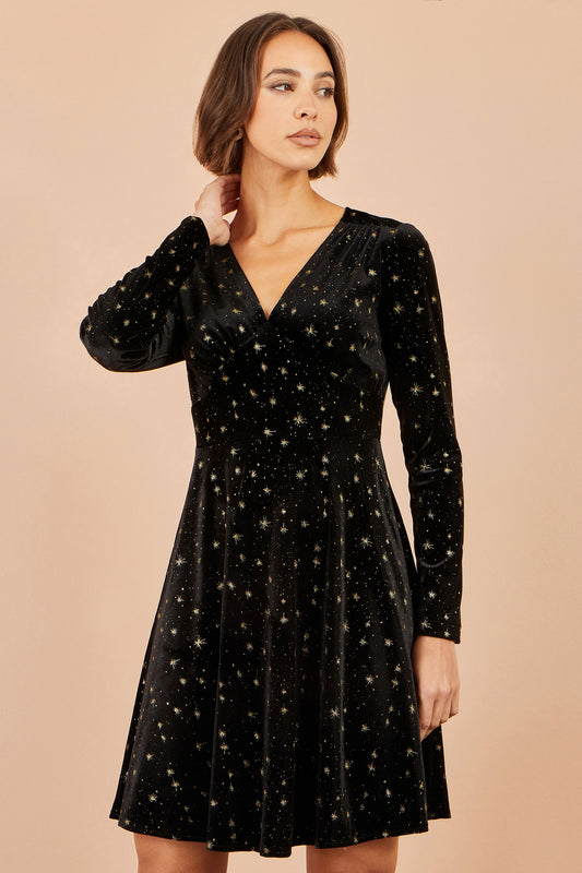 Yumi Black Velvet Skater Dress With Foil Star Print Dress Party Yumi